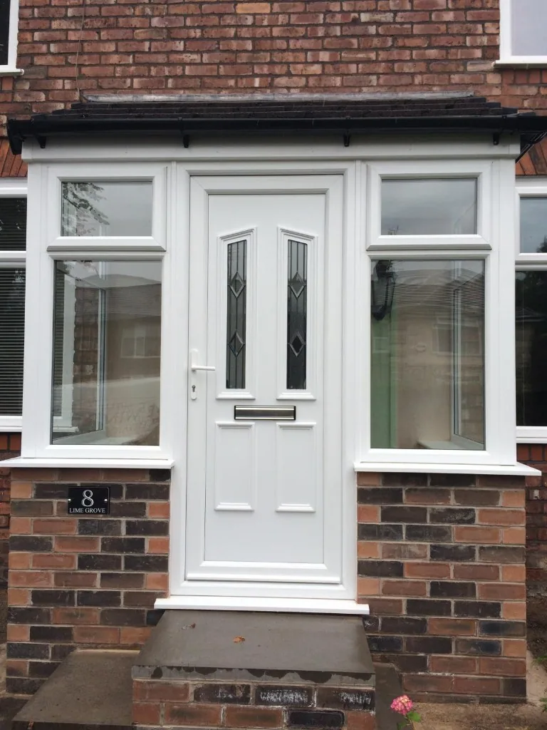 White uPVC front door and porch with side windows