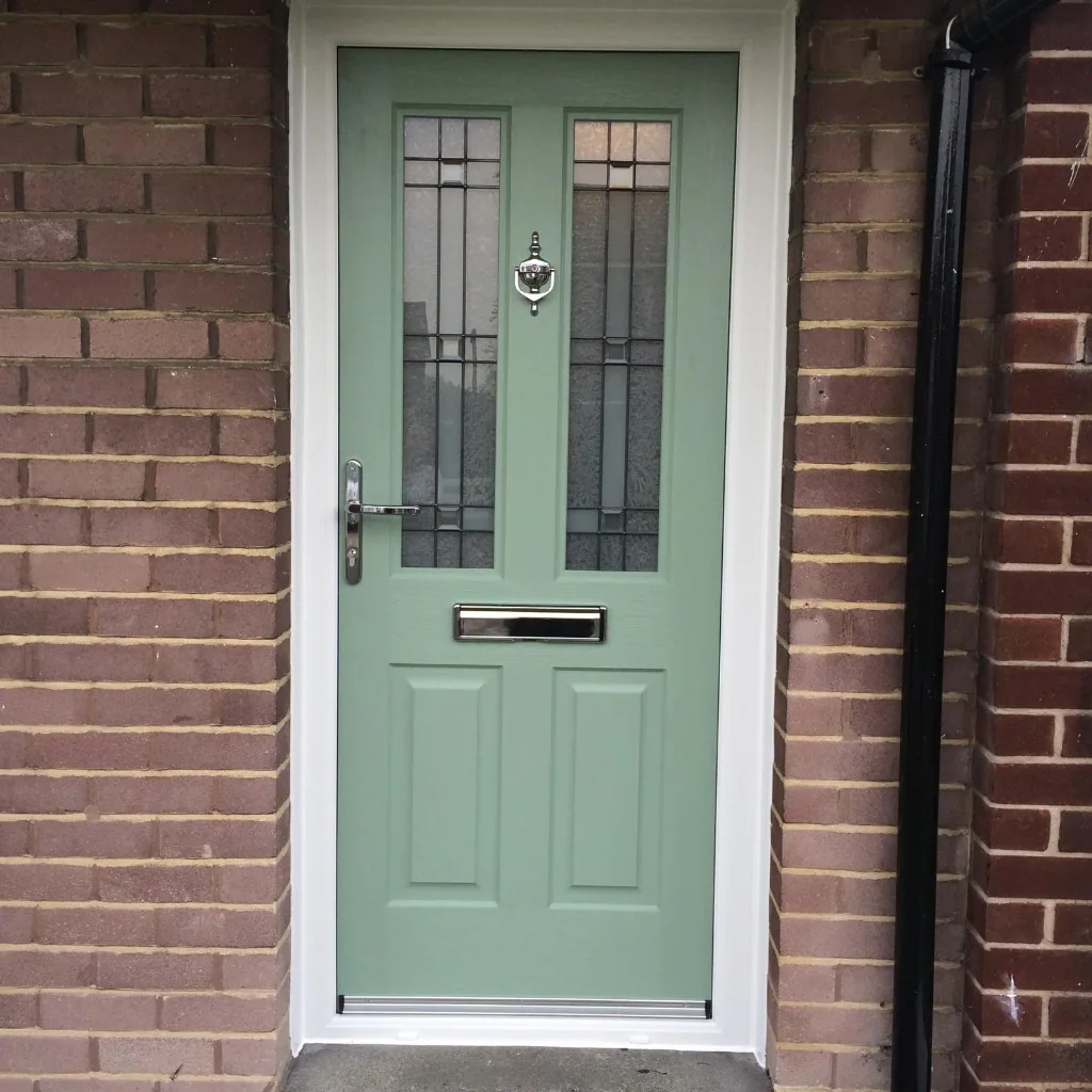 Sage green composite front door with chrome hardware