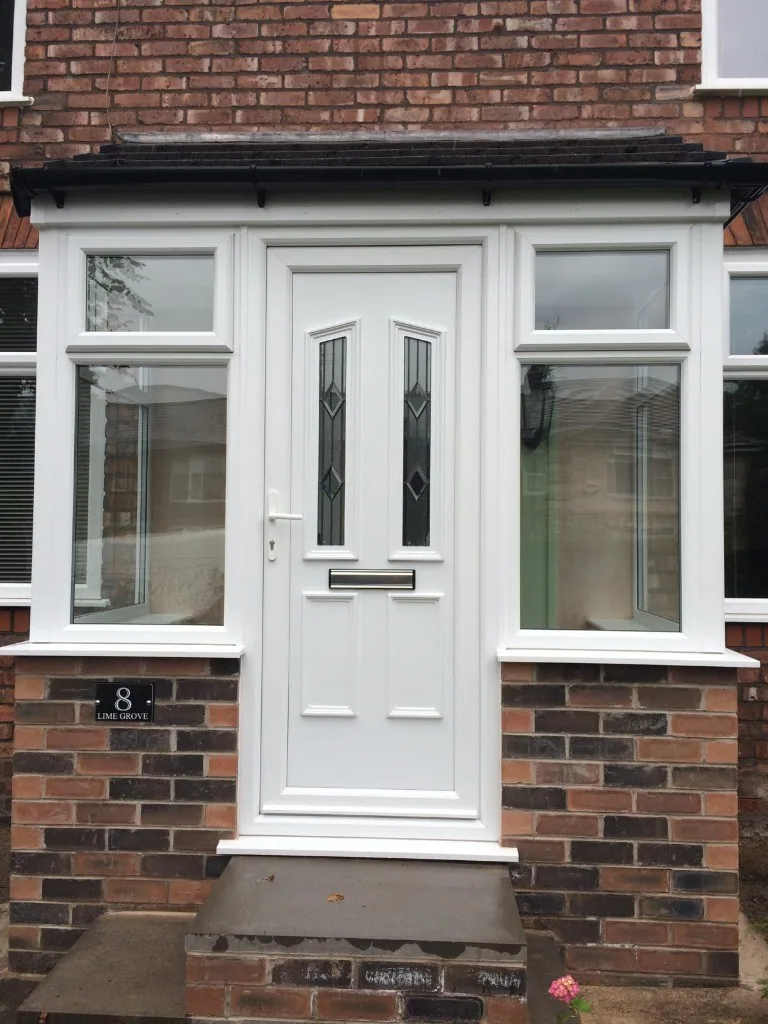 White uPVC front door and porch with side windows